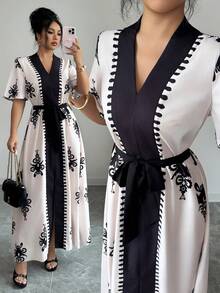 Elenzga Vestido largo con estampado floral de manga larga con cinturón y cuello en V para mujer, elegante y casual, adecuado para citas, Año Nuevo, San Valentín, Pascua, Día de la Madre, festivales de música, bodas en Oriente Medio, ir al trabajo, vacaciones, color rosa pálido - Rosa Pálido - Ver 3