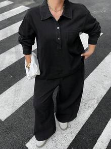 Dazy Plus 大码女式复古牛仔两件套，宽松V领长袖衬衫上衣和直筒裤，春秋季 - 黑色 - 查看 4