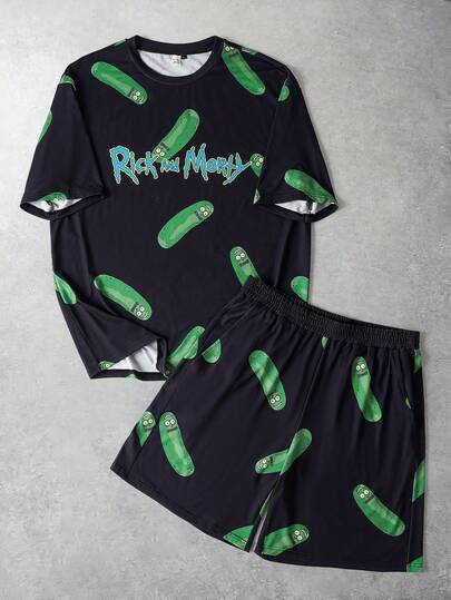 Rick and Morty X SHEIN Conjunto de pijama de camiseta de manga corta de cuello redondo y pantalones cortos para hombre