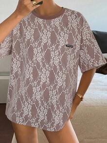 DAZY Women's Casual Lace Letter Print Short Sleeve T-Shirt, Summer - Redwood - View 4