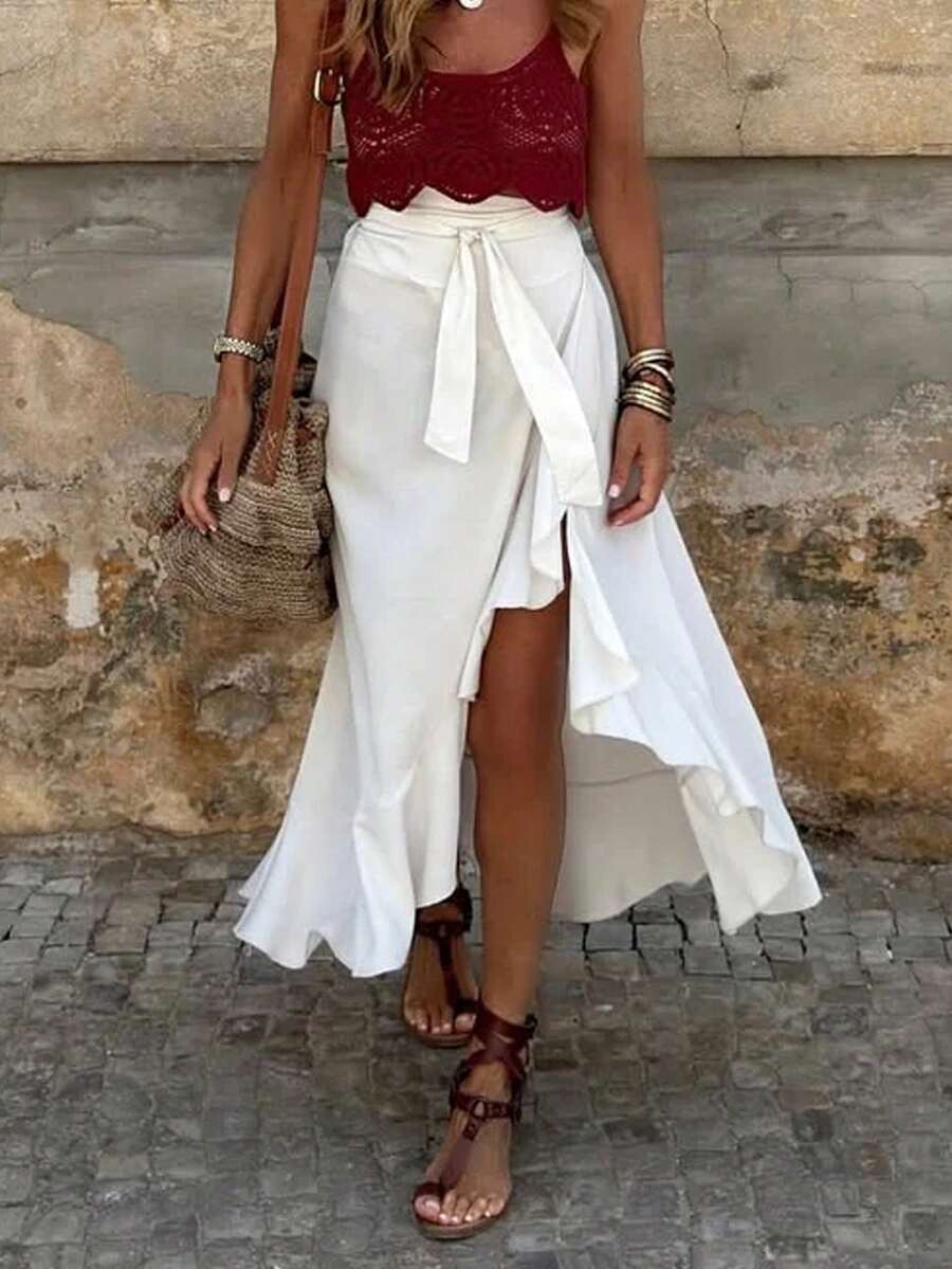 女士纯色荷叶边纹理面料休闲长裙，夏季女士休闲优雅白色不对称系带长款中长裙，完美适用于春夏度假和海滩之旅。白色波西米亚风半身裙 白色长裙 白色荷叶边半身裙 裹身裙 不对称半身裙 沙滩裙 - 白色 - 查看 1