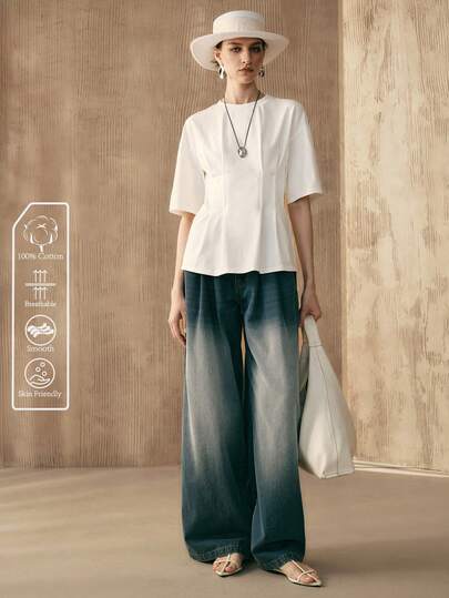 Arave Camiseta casual de mujer de cuello redondo, hombros caídos, manga corta y diseño de cintura de espina de pescado en tela de punto