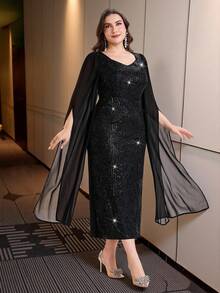 Modelyn 大码女式亮片网纱拼接超长袖派对连衣裙 - 黑色 - 查看 6
