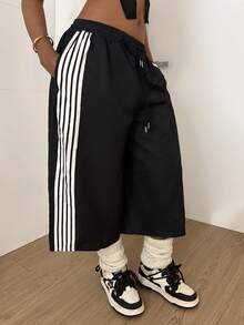 StreetHx 女士Y2K风格2000年代休闲街头风宽松条纹两件套，春夏款 - 黑色 - 查看 5