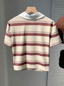 Comfortcana Áo thun polo cổ bẻ dáng ôm in họa tiết phối màu retro mới về mùa xuân/hè 2026 dành cho nữ, thích hợp mặc đi chơi hoặc đi nghỉ mát. - Nhiều màu - Xem 2
