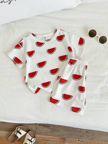 SHEIN 2pcs/Set Unisex Baby Watermelon Print Short Sleeve Pajamas Shorts Set, Casual Comfortable Summer Sleepwear - Multicolor - View 5