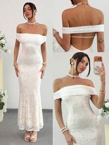 Aloruh 春夏新款蕾丝露肩露背性感修身鱼尾连衣裙，白色蕾丝连衣裙，浪漫约会连衣裙，晚礼服，派对连衣裙，海滩度假连衣裙，性感新娘装，女士海滩装，舞会度假装，女士海滩装，露肩海滩装，马贝拉穿搭灵感，丰收节快乐 - 白色 - 查看 11