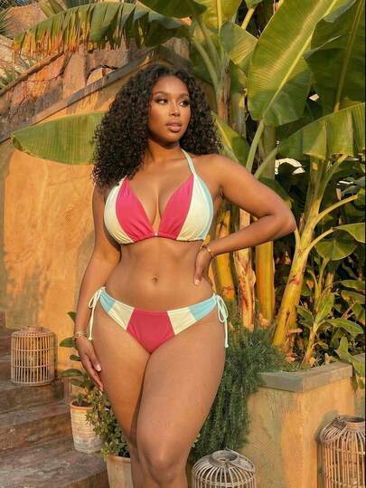 Slaydiva Plus Size Women Vacation Beach Patchwork Ruched Halter Tie Bikini Top And Triangle Bottoms Swimsuit Set