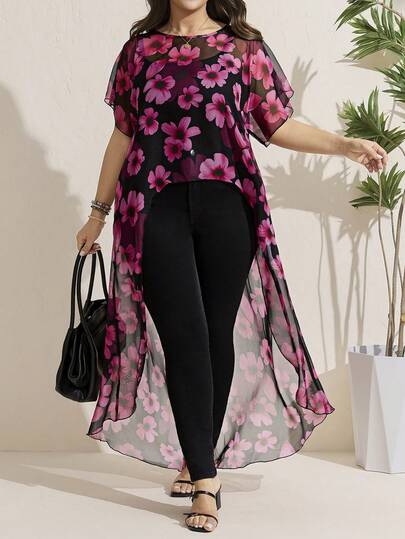Comfylo Plus Size Elegant Floral Print Front Short Back Long Shirt, Summer Women Casual Outfits Women Spring Outfit Women's Summer Outfits Floral Print Blouse Women Clothes Sets Women Outfits Sets Terno Outfit For Women Pants Blouse Latest Outfit For Women Casual Outfit For Women Terno In Pants S3433 Of Woman Clothes Women S Summer Outfits