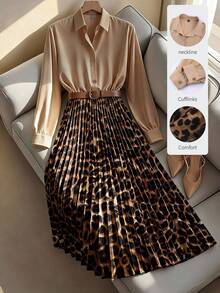 Franclia Plus Size Women's Elegant Patchwork Beige Autumn Long Sleeve Midi Dress,Casual Lapel Collar Neckline Belted Pleated A Line Skirt Dinner Wedding Guest - Khaki - View 3