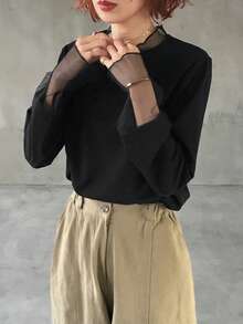 FRIFUL 纯色拼接薄纱波点网眼宽松休闲百搭T恤 - 黑色 - 查看 2