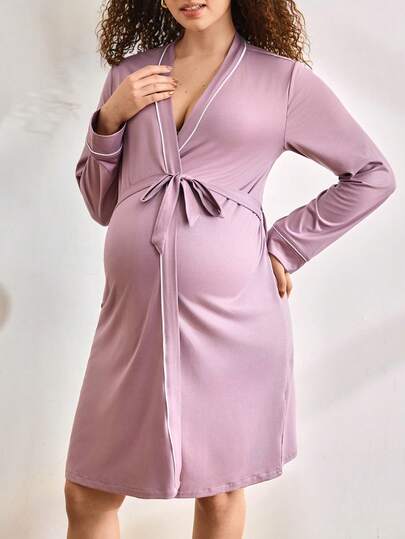 Moonlight&Mama Maternity Contrast Color Trim Belted Robe Loungewear