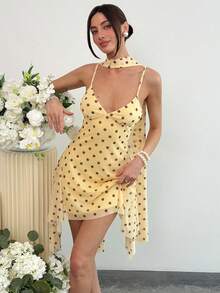 Aloruh 女士性感豹纹吊带迷你连衣裙，夏季 - 淡黃色 - 查看 4