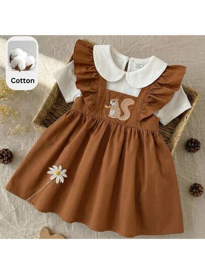 Loomiva 2pcs Baby Girl Solid Color Knit Soft Peter Pan Collar Short Sleeve Pullover Top And Suspender Waist Dress Set