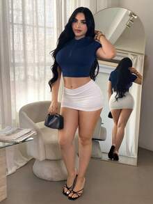 SHEIN SXY Áo thun nén thể thao màu xanh hải quân, khóa kéo phía trước. - Màu xanh lam - Xem 4