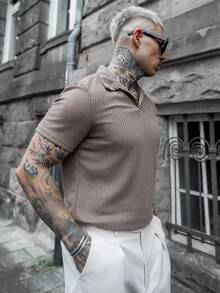 Artur Kramer 男士休闲纯色V领短袖Polo衫，夏季 - 卡其色 - 查看 6