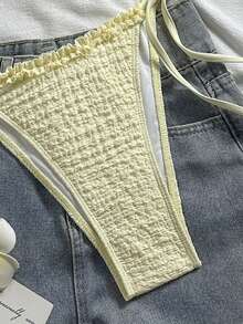 Swim Mod Women's New Textured Fabric Flounce Backless Triangle Bikini Set, Sweet Beach Vacation Swimwear, Spring/Summer - Yellow - View 7