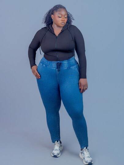 CurvyTilda 大码黑色纯色全拉链连帽休闲夹克