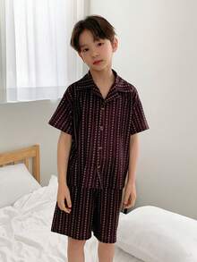 Dazy Kids Tween Boy All-Over Print Single-Breasted Short Sleeve Top And Shorts Casual Loungewear Pajama Set Summer - Brown - View 4