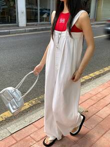 DAZY 女士及女孩休闲水洗牛仔宽松直筒背带连体裤 - 白色 - 查看 6
