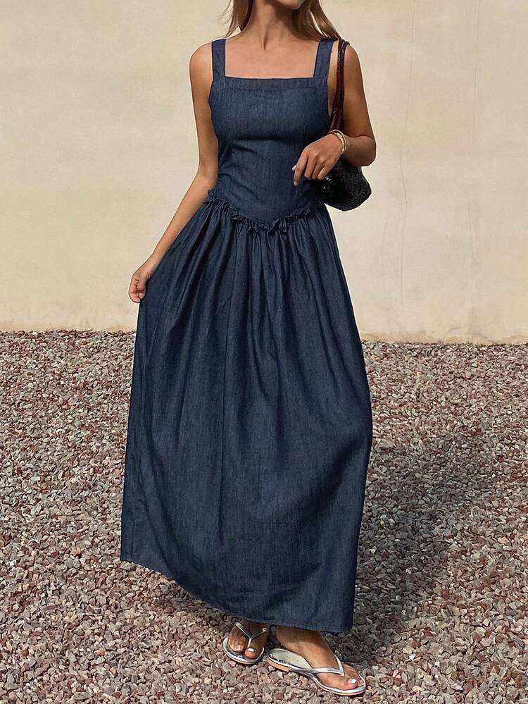 Women's Frill Trim Waist Tie Maxi Casual Denim Dress, Vacation Style