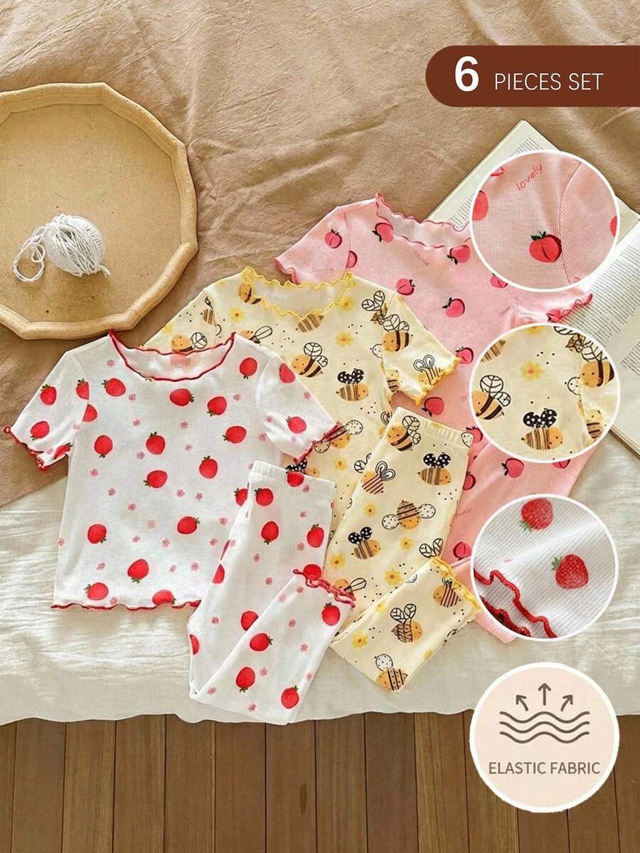 SHEIN LMoss Kids 女婴可爱卡通小熊和花朵图案圆领短袖长裤休闲舒适针织睡衣套装（6件套）婴儿夏季套装 草莓瓢虫印花婴儿服装 樱桃婴儿服装 女婴草莓套装 春夏婴儿套装 水果婴儿套装 草莓婴儿服装 蜜蜂婴儿服装 - 彩色 - 查看 1