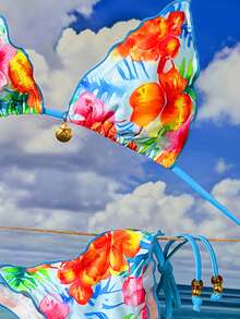 Swim Vcay Bộ bikini nữ gợi cảm kiểu yếm hở lưng buộc dây xếp nếp in họa tiết nhiệt đới, thích hợp cho kỳ nghỉ hè, thu ở bãi biển. - Nhiều màu - Xem 4