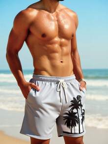 Manfinity Swimmode Men's Summer Vacation Tropical Palm Tree Print Drawstring Waist Beach Shorts - Light Grey - View 7