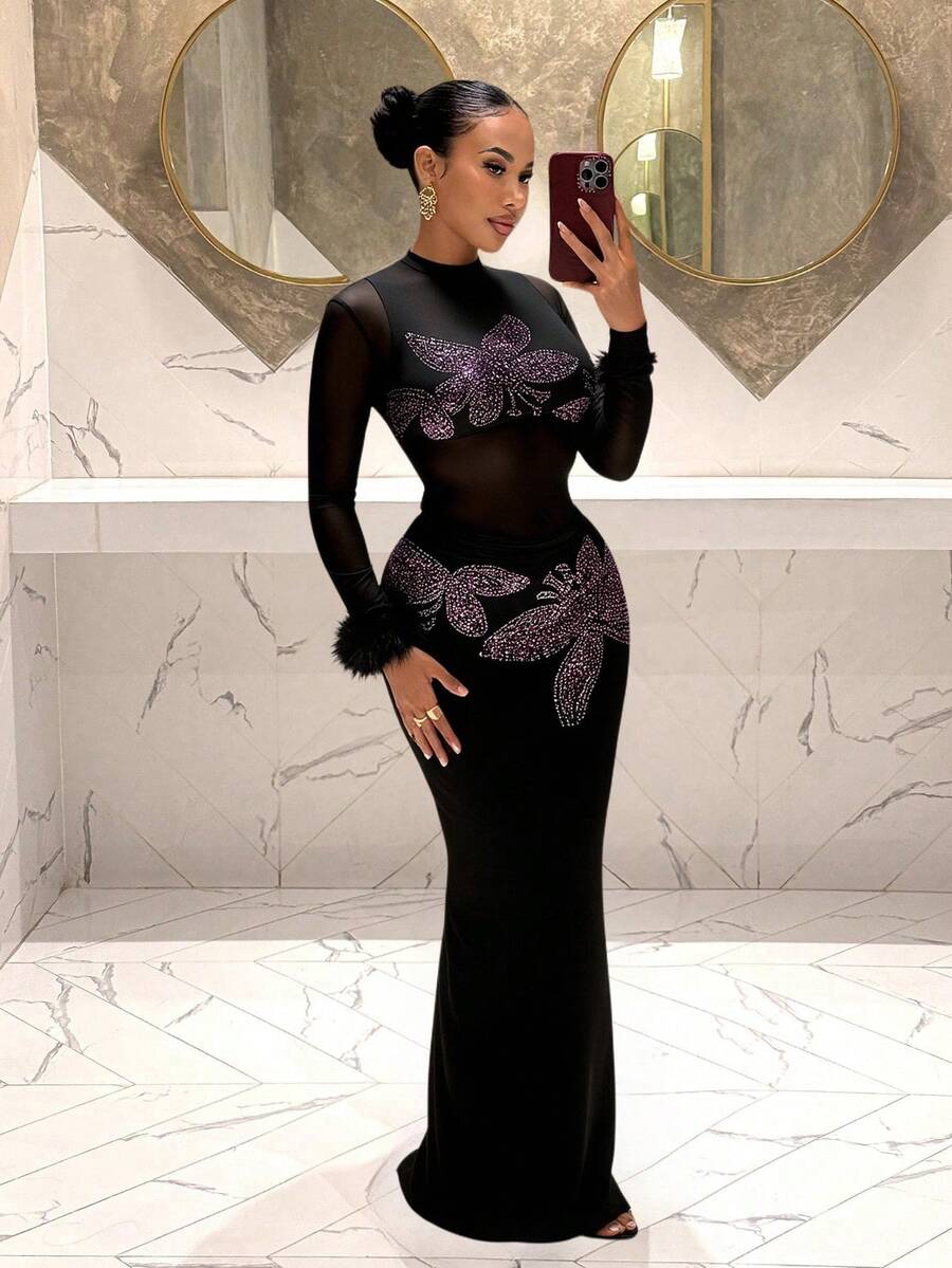 Slaydiva 2025新款优雅女士派对生日酒吧夜店约会姐妹聚会性感网纱花卉水钻袖口长袖透视连衣裙 - E - 黑色 - 查看 1