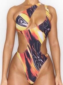 Musera Resort 印花镂空单肩泳衣 春夏度假性感酷女孩伊比沙岛音乐节假日中途停留泳装 - 彩色 - 查看 1