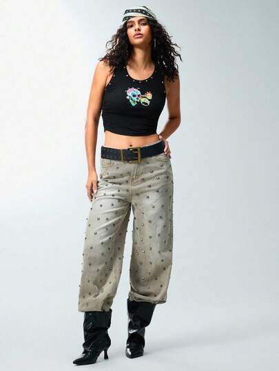 Rick and Morty X SHEIN גופייה קצרה עם הדפס גולגולת ועטיפה לנשים לקיץ