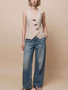 Maija Women's Fashionable Striped Metal Buckle Sleeveless Blazer, Summer Linen - Khaki - View 2