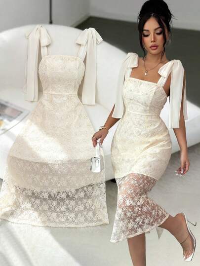 Elenzga Women's Lace Patchwork Shoulder Knot Elegant Waist Cinched Midi Party Dress