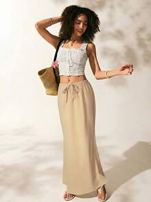 Easelle Rok Polos Kasual Wanita - Khaki - View 3