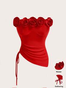 Rafferiza Áo quây nữ thời trang họa tiết hoa hồng 3D, thích hợp cho các bữa tiệc và hẹn hò. - Đỏ - Xem 5