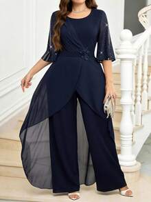 SHEIN Clasi Women's Plus Size Elegant Navy Blue Rhinestone Jumpsuit,Summer Wedding Guest Overlapping V-Neck Wide Leg Sequin Patchwork Formal Cocktail Outfits - Navy Blue - View 8