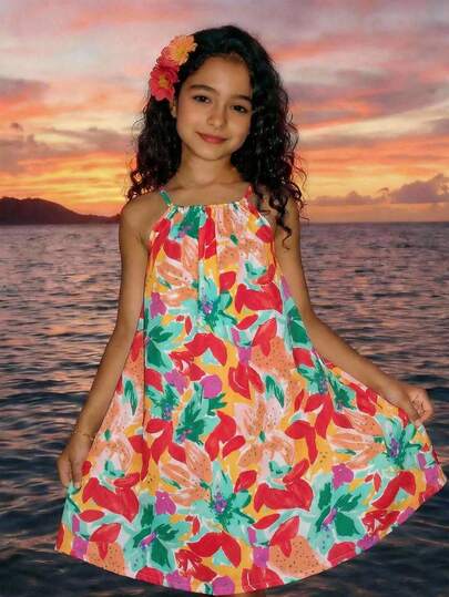 Sparklyn 少女度假海滩热带花卉印花短裙