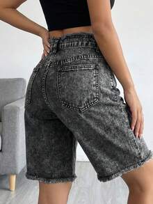 SHEIN ICON 女士带口袋纽扣拼接休闲牛仔短裤 - 黑色 - 查看 2