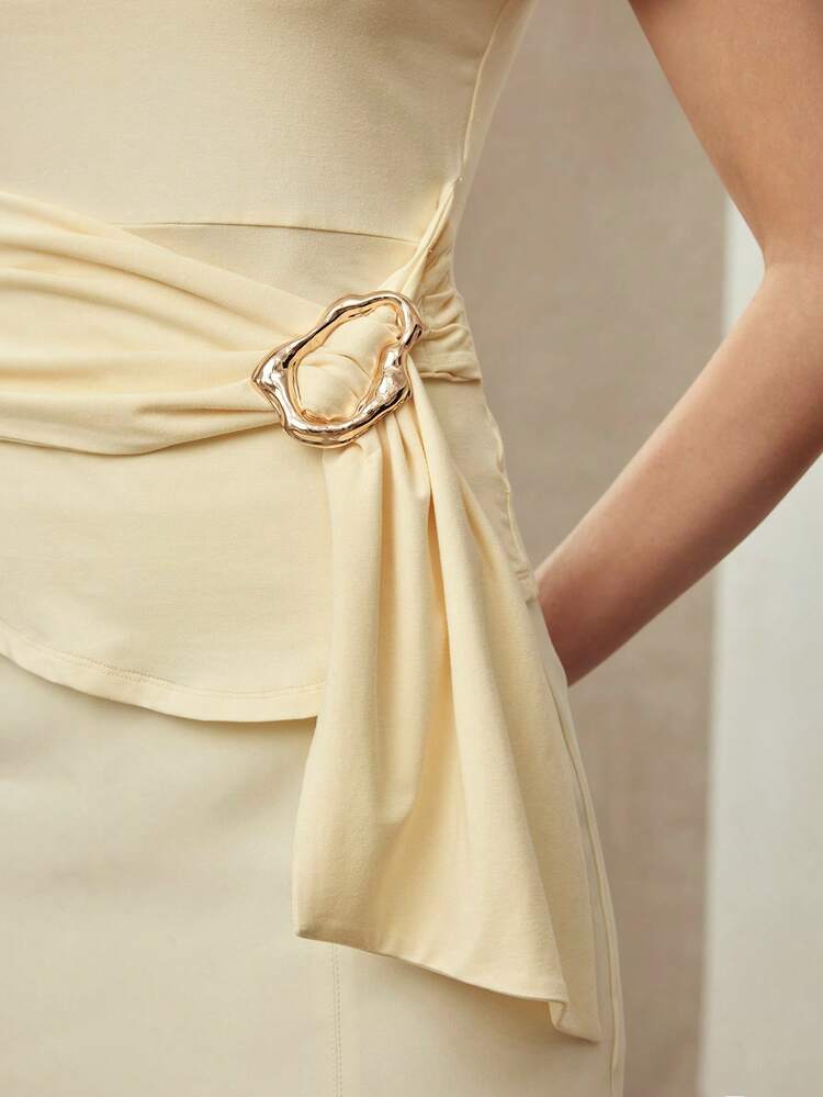 ELEGANT RUCHED WAIST SLIM FIT ASYMMETRICAL SHOULDER T-SHIRT, SPRING/SUMMER