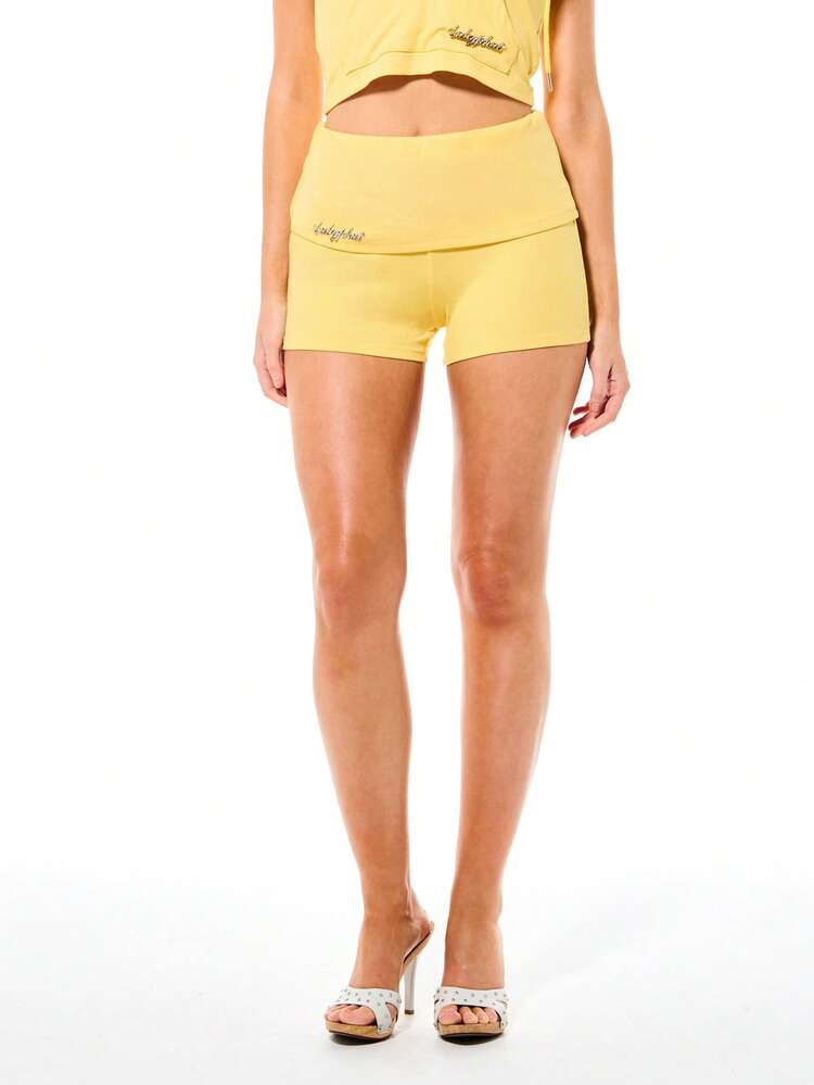BABYPHAT Women's High Rise Fold Over Waistband Ribbed Shorts With Rhinestone Text Detail Summer Casual Yellow Fitted Stretch Active Bottom