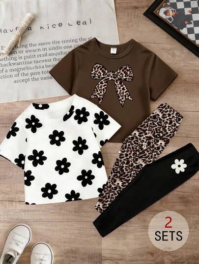 Genkimix Kids Bộ 4 món cho bé gái, phong cách thường ngày, năng động, sáng tạo, cá tính, tươi mới, tối giản, họa tiết da báo, áo thun và quần legging, áo thun in hình nơ và quần legging, thoải mái để mặc hàng ngày vào mùa xuân, hè và thu.