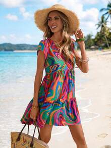 Sylviya 女士休闲V领几何图案度假连衣裙 - 彩色 - 查看 4