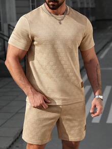 Manfinity Homme Bộ 2 món gồm áo thun nam tay ngắn cổ tròn kẻ sọc thoải mái và quần short cạp chun có dây rút, phù hợp cho các dịp thường ngày, tiệc tùng, họp mặt, thể thao, công sở, mùa xuân/thu, phong cách đa năng. - Màu Khaki - Xem 6