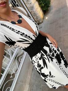 Louniche 女士植物印花撞色主教袖修身连衣裙 - 彩色 - 查看 6