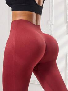 SHEIN Sports Quần legging yoga cạp cao không đường may, ôm bụng dành cho nữ; Quần bó thể thao co giãn cao, đa năng; Thích hợp cho yoga, đạp xe, chạy bộ, tập luyện; - Màu Đỏ Sâu - Xem 6