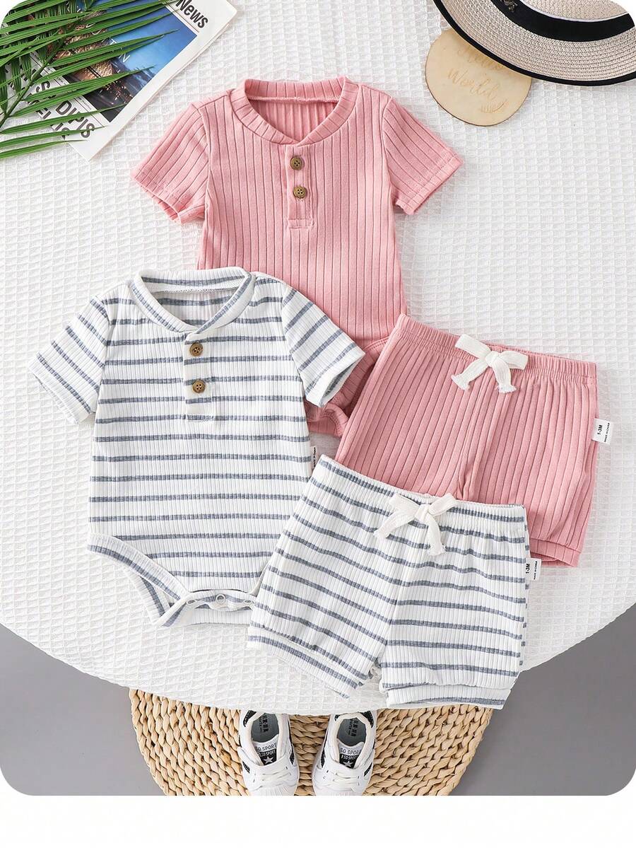 Bộ 4 món cho bé sơ sinh trai/gái, họa tiết sọc xanh dương dễ thương, áo liền quần ngắn tay và quần short, thích hợp mặc ở nhà và đi chơi. - Nhiều màu - Xem 1