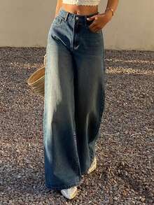 DAZY Jeans rectos de cintura media holgados, estilo casual de ciudad y calle Y2K para mujer - Azul lavado medio - Ver 6