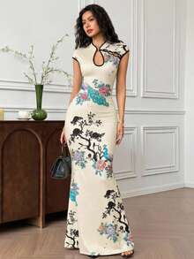 EastFlair Đầm sườn xám ôm dáng tay ngắn in hình chim công dành cho nữ, kiểu dáng thanh lịch. - Màu be - Xem 3