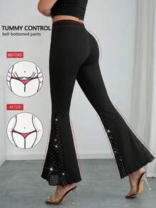 Chikora Plus Size Stretchy Lace Patchwork Flare Leg Black Pants - Black - View 1