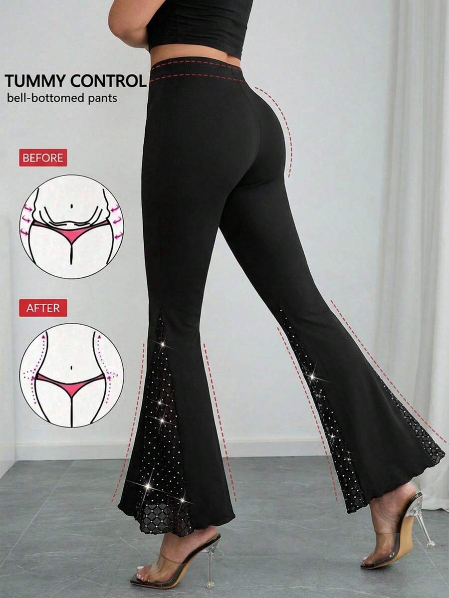 Chikora Plus Size Stretchy Lace Patchwork Flare Leg Black Pants - Black - View 1